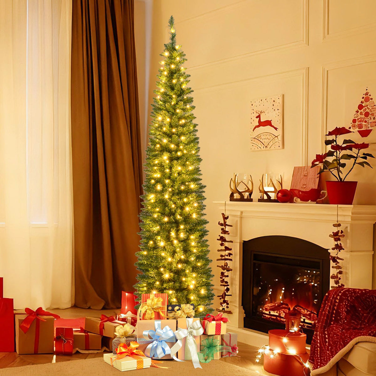 5/6/7/8/9 Feet Pre-lit Pencil Artificial Christmas Tree with 150/180/200//300/400 Warm White LED Lights