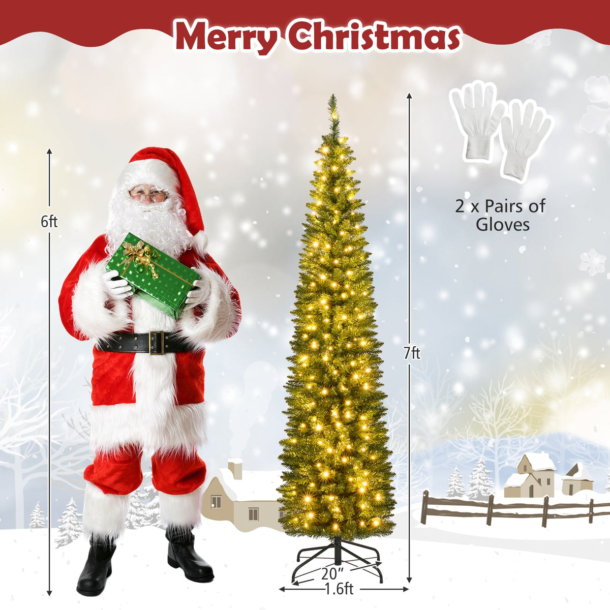 5/6/7/8/9 Feet Pre-lit Pencil Artificial Christmas Tree with 150/180/200//300/400 Warm White LED Lights