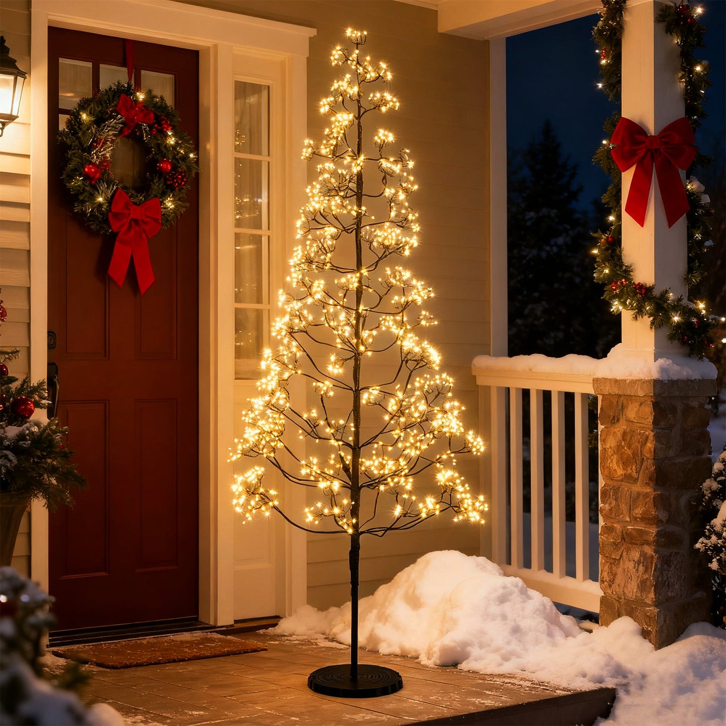 5/6/7 FT Lighted Alpine Tree with Warm White Light LED Lights Pre-lit Artificial Cedar Tree with Weighted Base