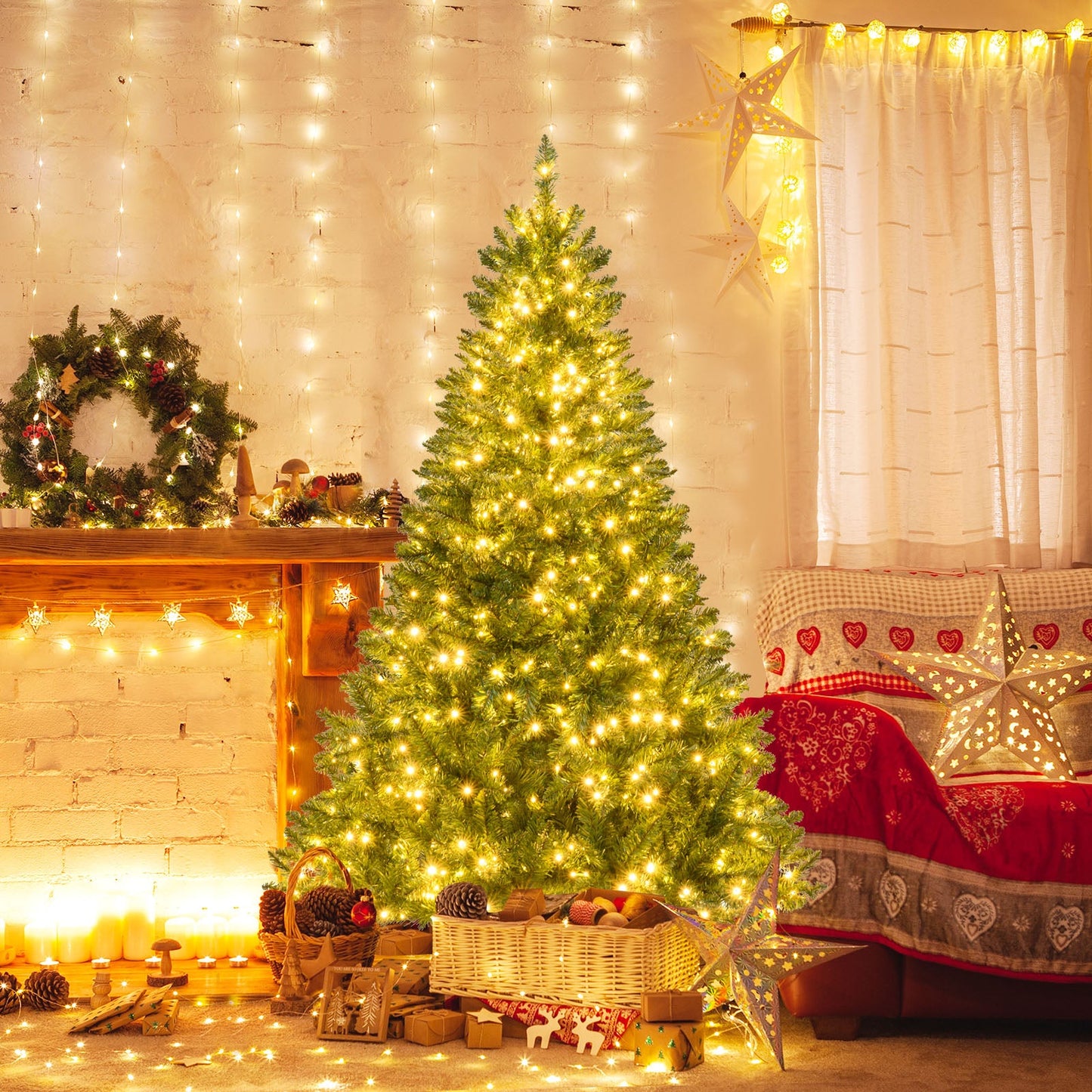5/6/7 Feet Artificial Christmas Tree Hinged Xmas Tree with 7 Lighting Modes