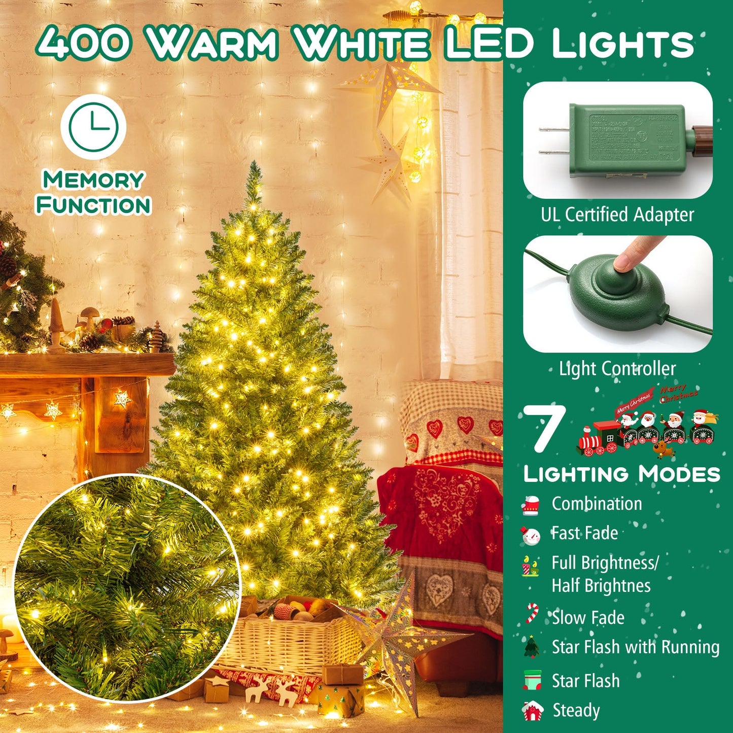 5/6/7 Feet Artificial Christmas Tree Hinged Xmas Tree with 7 Lighting Modes