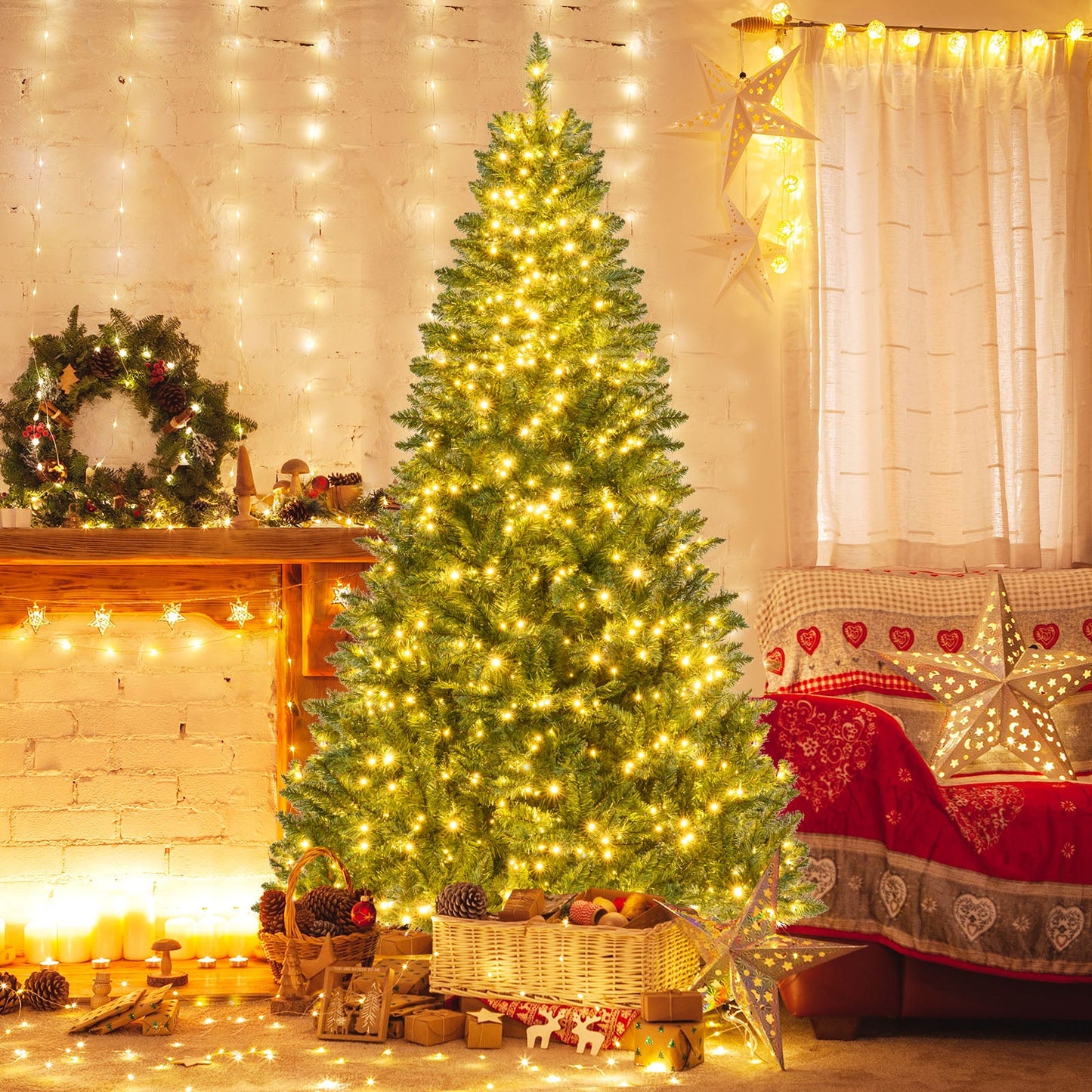 5/6/7 Feet Artificial Christmas Tree Hinged Xmas Tree with 7 Lighting Modes