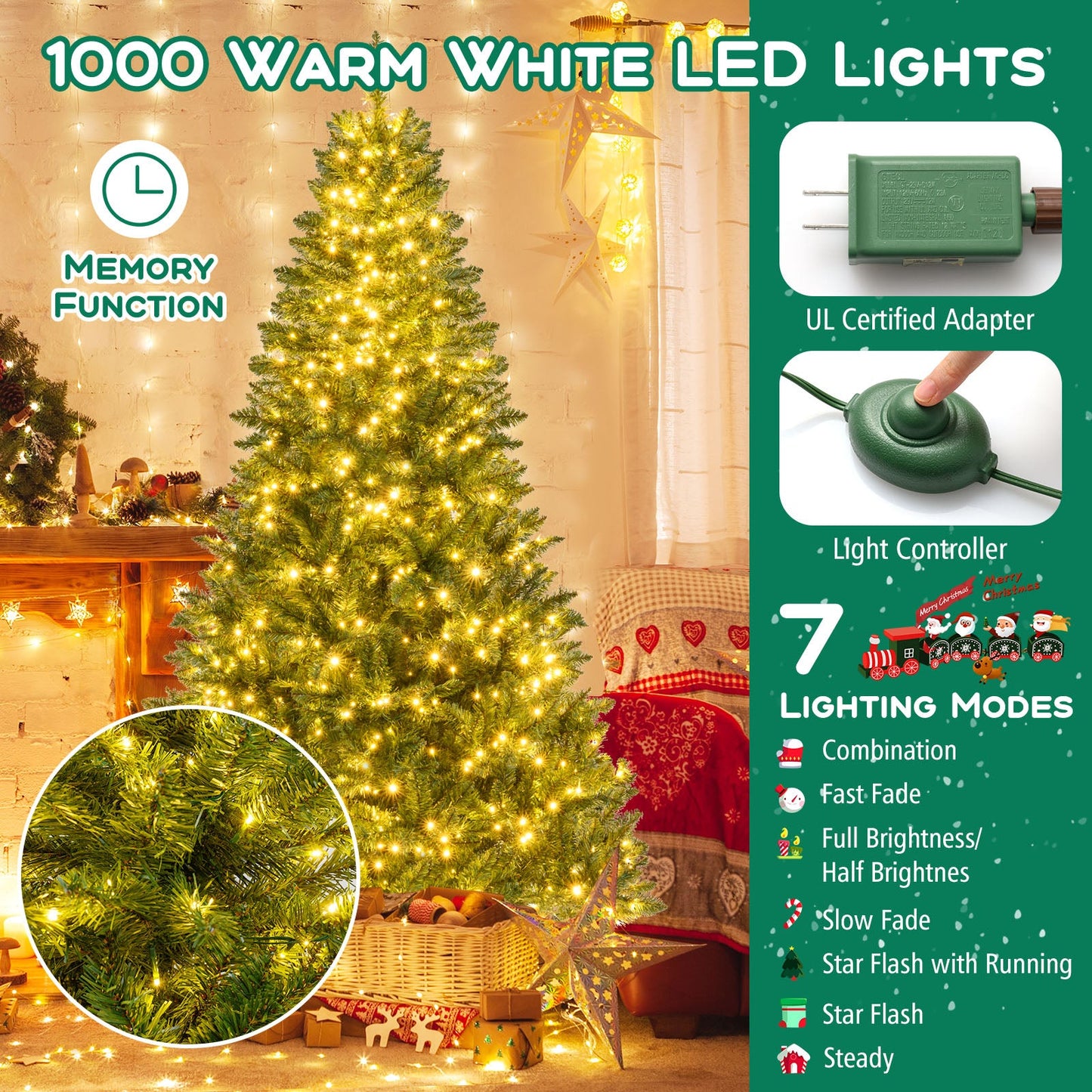 5/6/7 Feet Artificial Christmas Tree Hinged Xmas Tree with 7 Lighting Modes