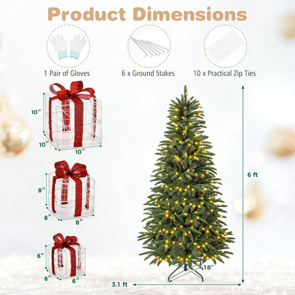 5/6/7 ft Pre-Lit Hinged Christmas Tree with 3 Lighted Gift Boxes