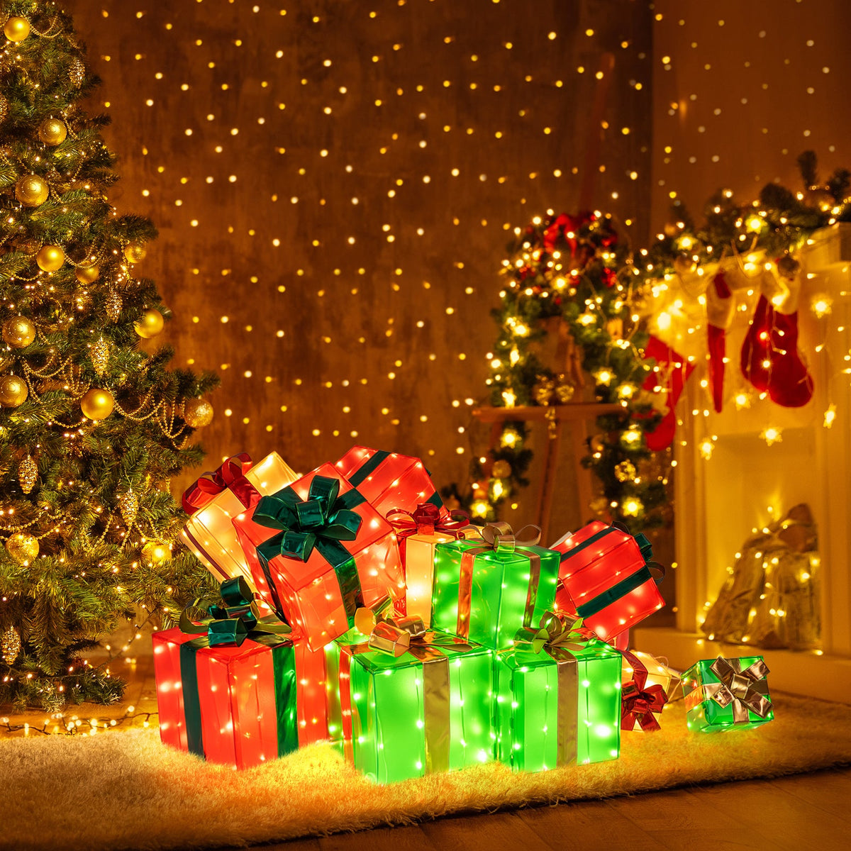 15 PCS Lighted Christmas Boxes with Bowknot and 483 LED Light Bulbs for Indoor Outdoor