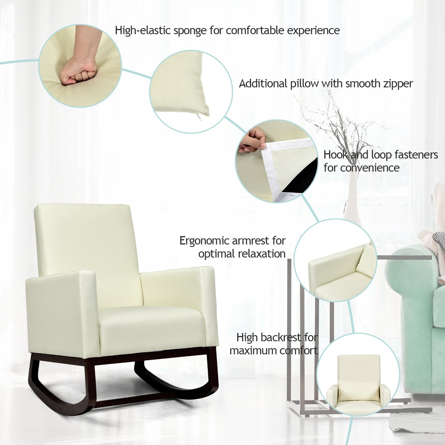 2-in-1 Rocking Chair with Pillow, Beige Linen Upholstery