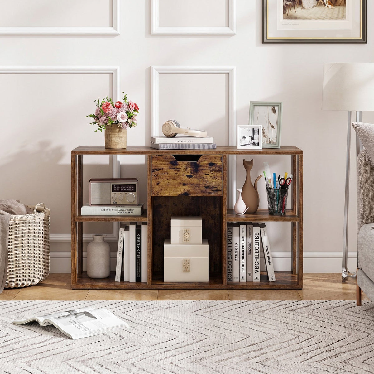 5-Cube Bookcase with Storage Drawer - Rustic Brown