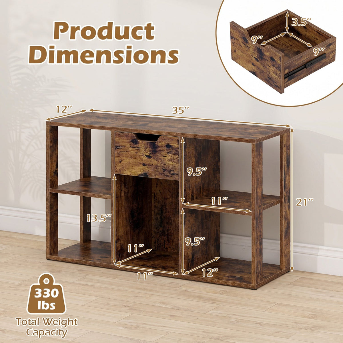5-Cube Bookcase with Storage Drawer - Rustic Brown