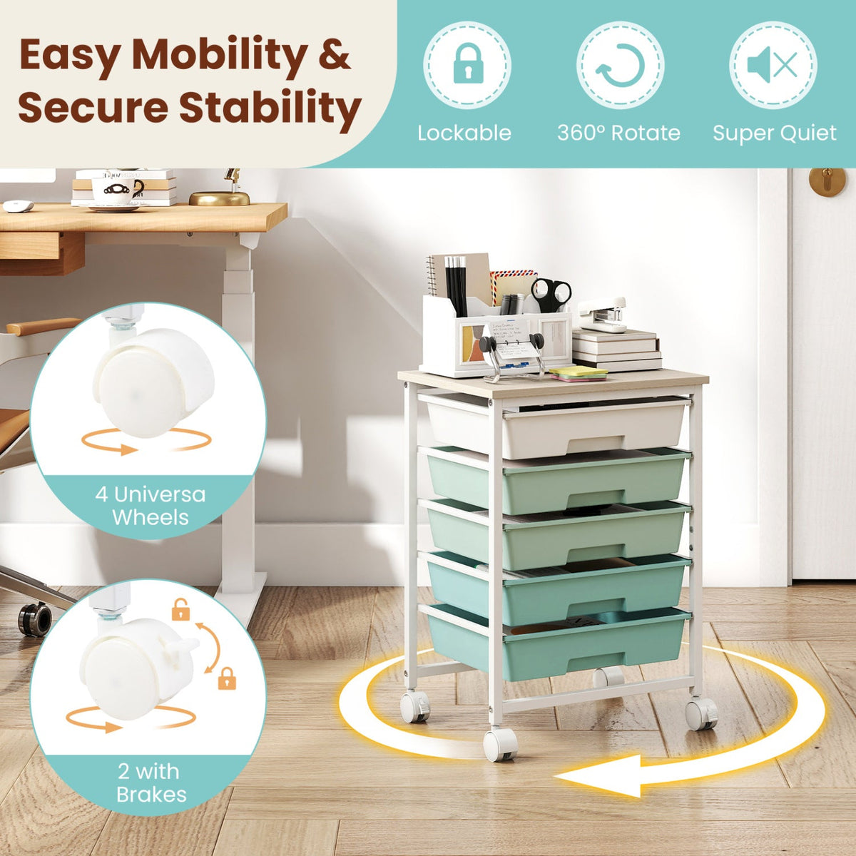 5-Drawer Rolling Storage Cart with Wooden Top