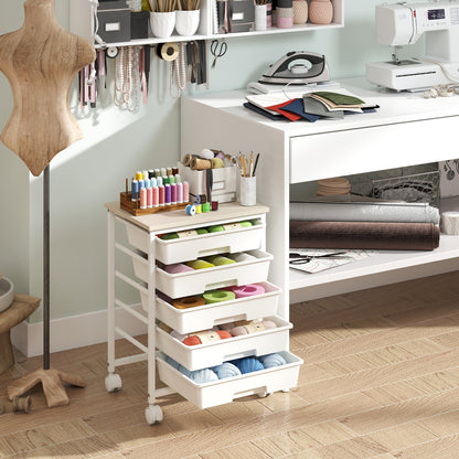 5-Drawer Rolling Storage Cart with Wooden Top