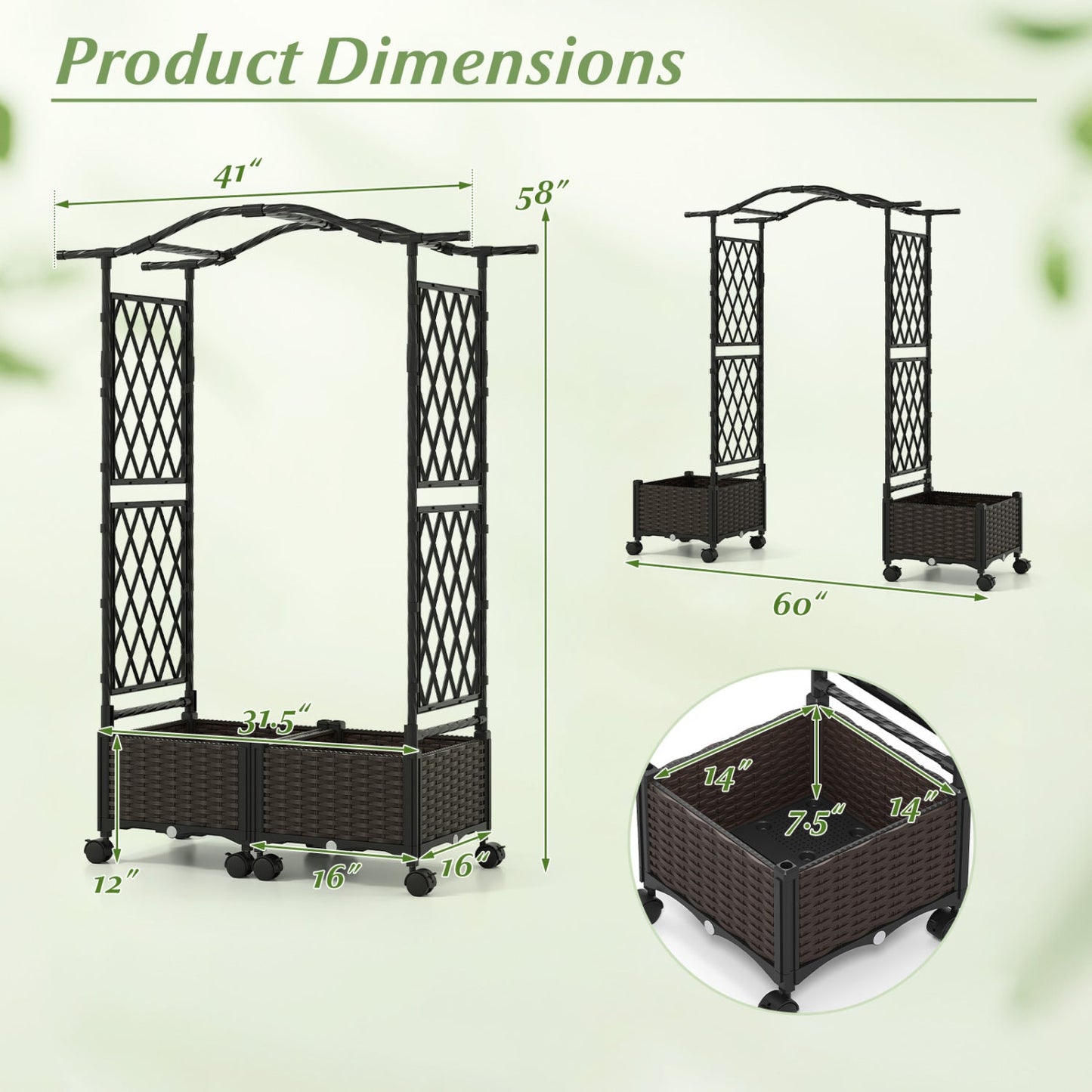 5 FT Tall Raised Garden bed with Lockable Wheels and Hanging Roof for Climbing Flowers