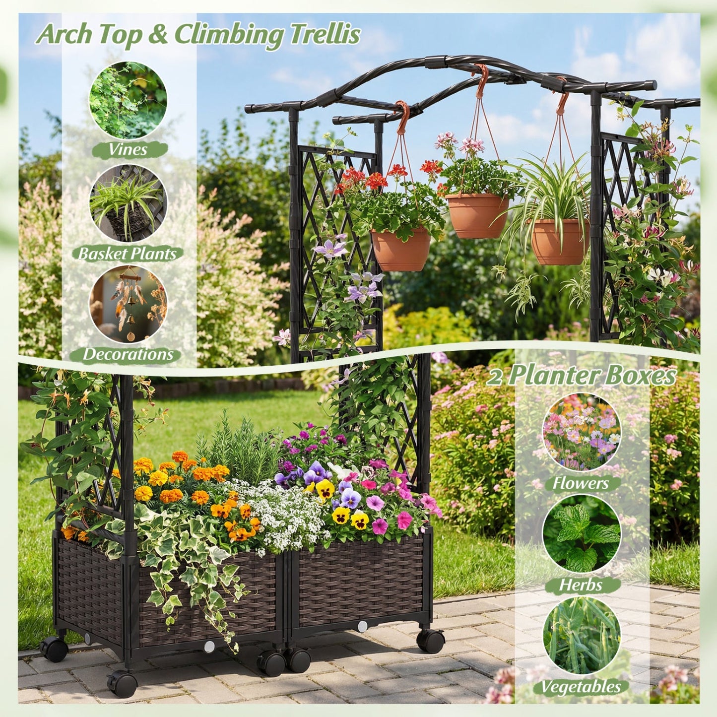 5 FT Tall Raised Garden bed with Lockable Wheels and Hanging Roof for Climbing Flowers