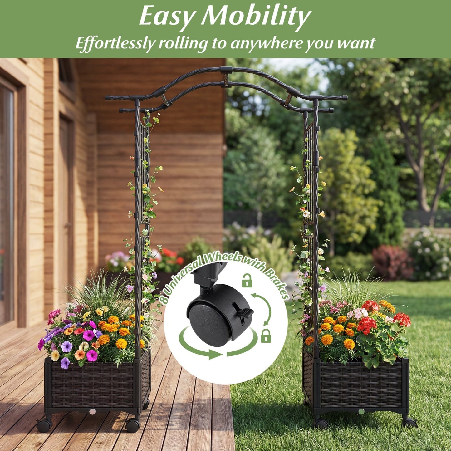 5 FT Tall Raised Garden bed with Lockable Wheels and Hanging Roof for Climbing Flowers