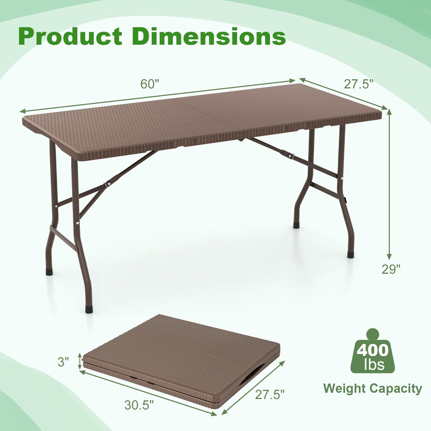 5FT Folding Picnic Table with Rattan Grain HDPE Tabletop and Sturdy Metal Fame-Coffee