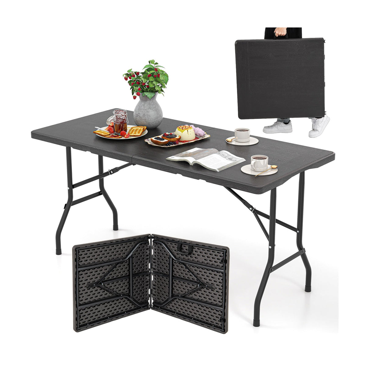 5FT Folding Picnic Table with Wood Grain HDPE Tabletop and Non-slip Foot Pads