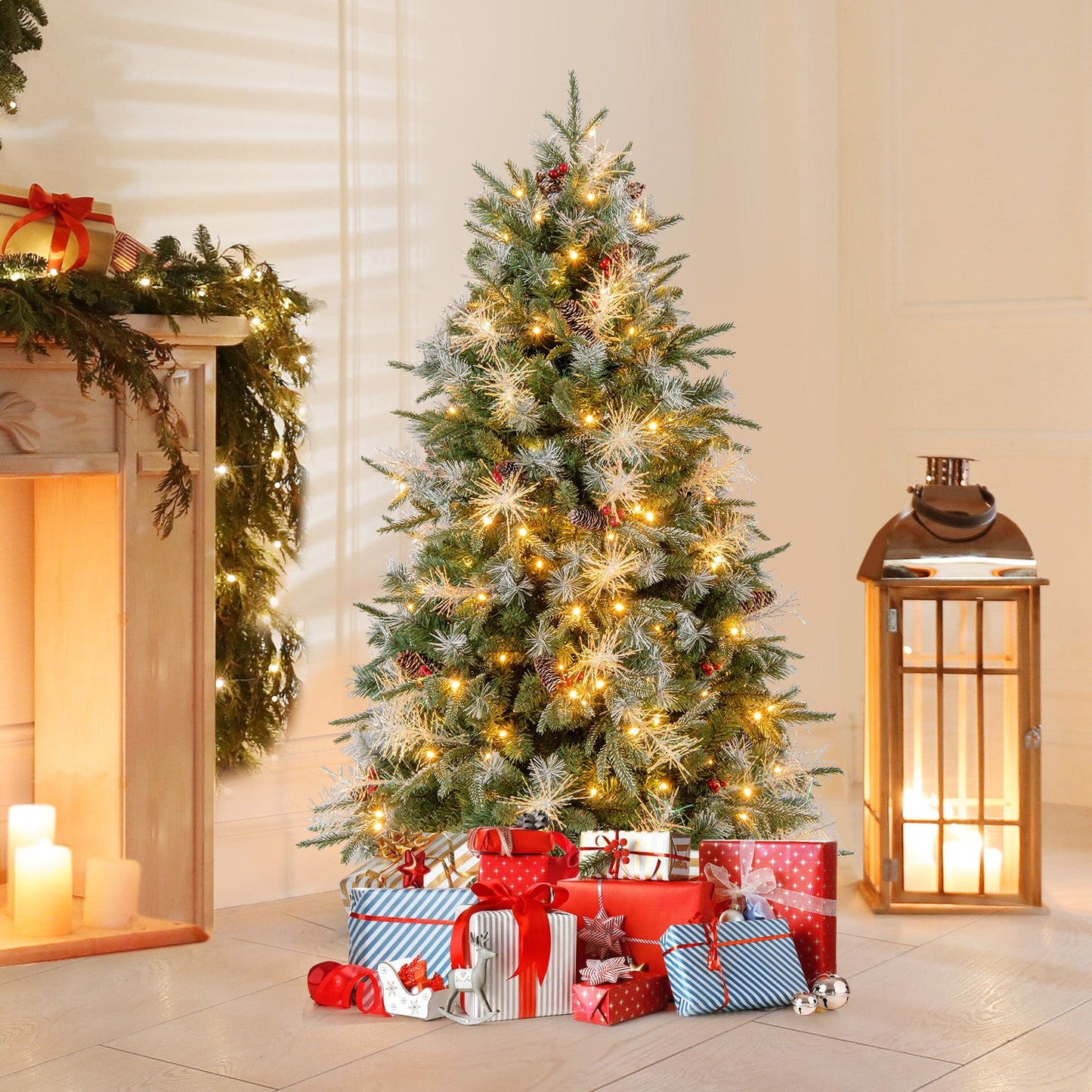 5 Feet Pre-Lit Artificial Christmas Tree with 8 Modes LED Lights with Berries
