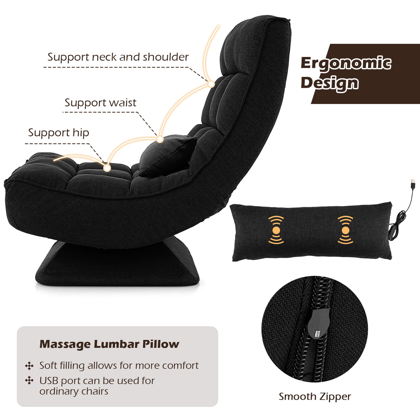 360° Swivel Floor Chair with 5-Position Adjustable Backrest