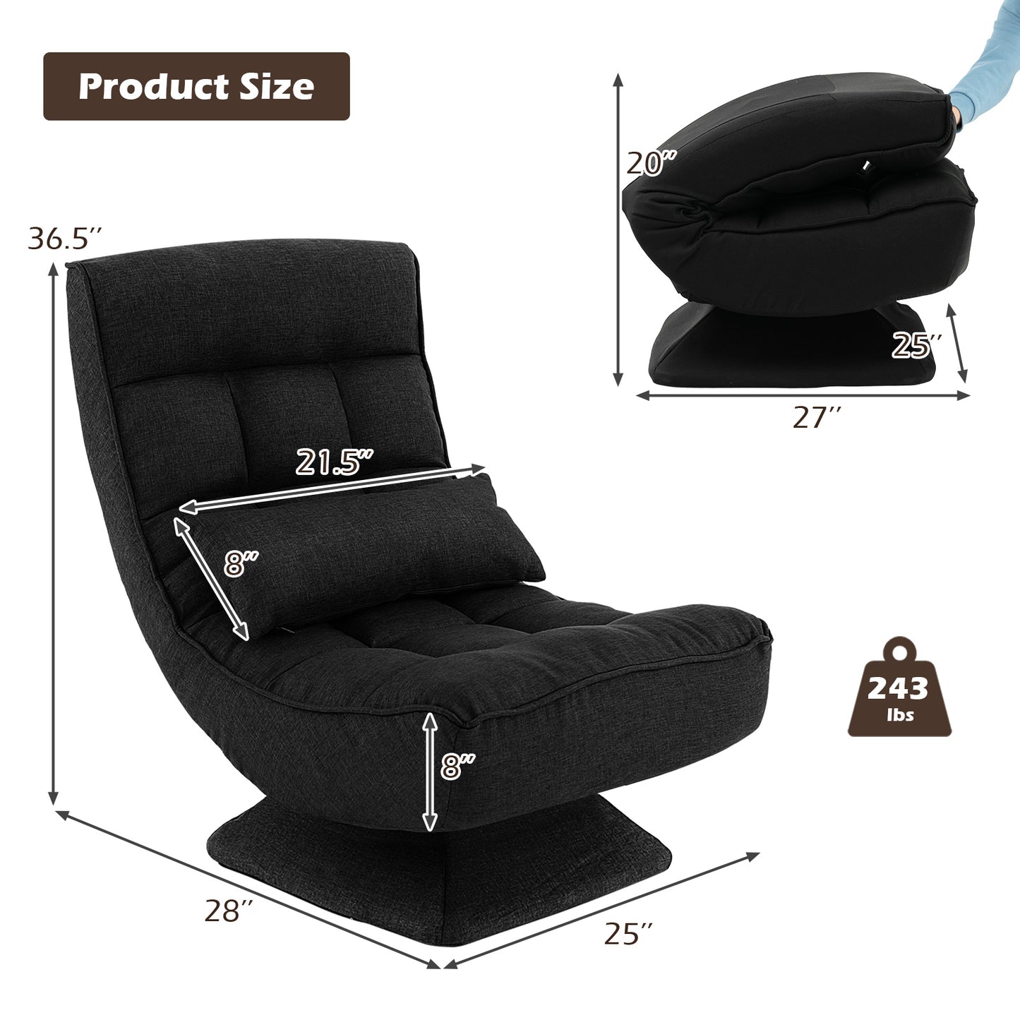 360° Swivel Floor Chair with 5-Position Adjustable Backrest