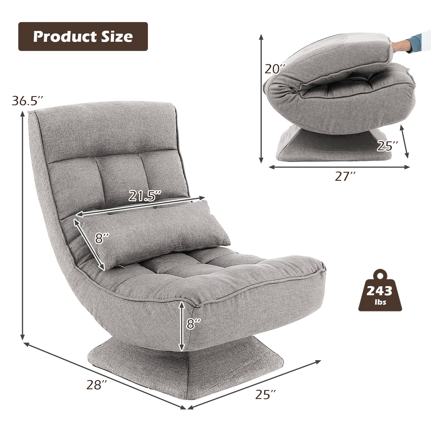 360° Swivel Floor Chair with 5-Position Adjustable Backrest