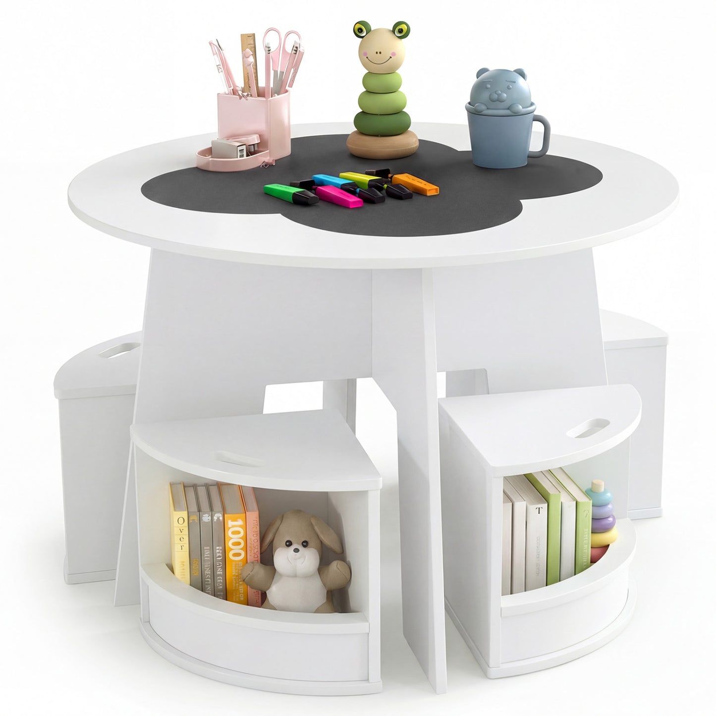 Kids Table and Chair Set with 4 Storage Stools - White