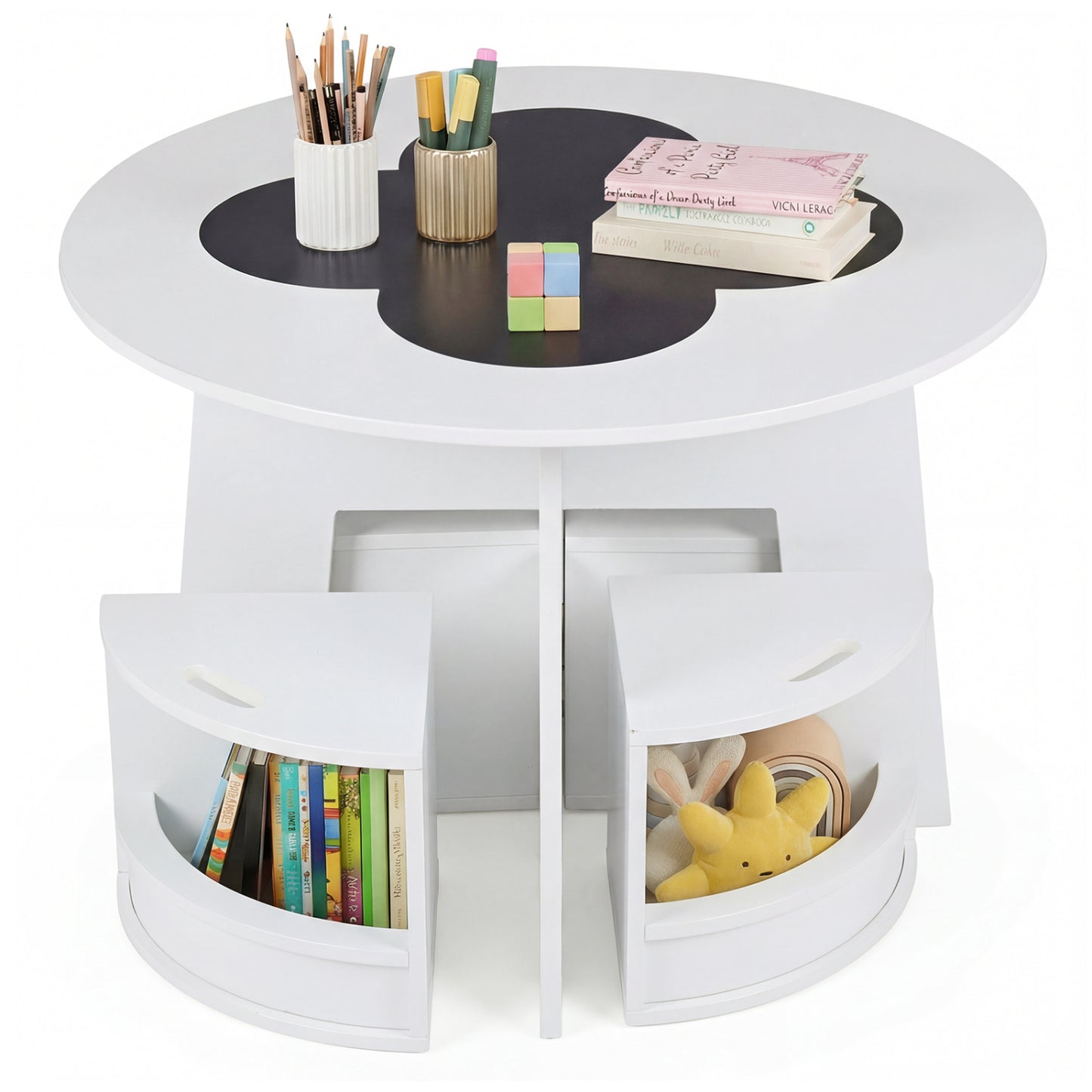 Kids Table and Chair Set with 4 Storage Stools - White
