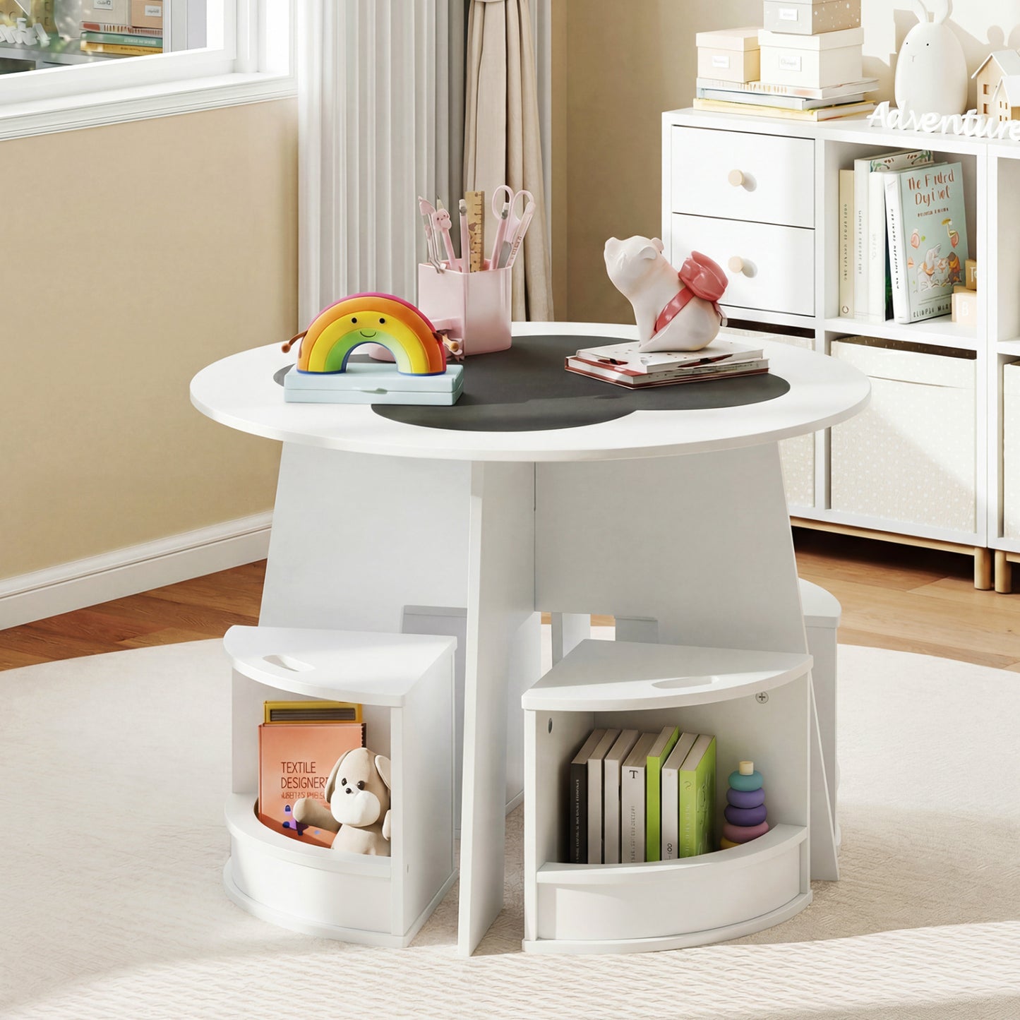 Kids Table and Chair Set with 4 Storage Stools - White