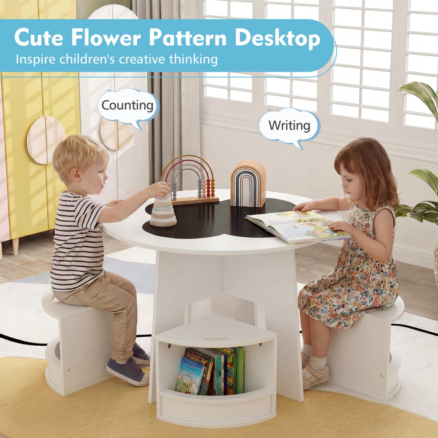 Kids Table and Chair Set with 4 Storage Stools - White