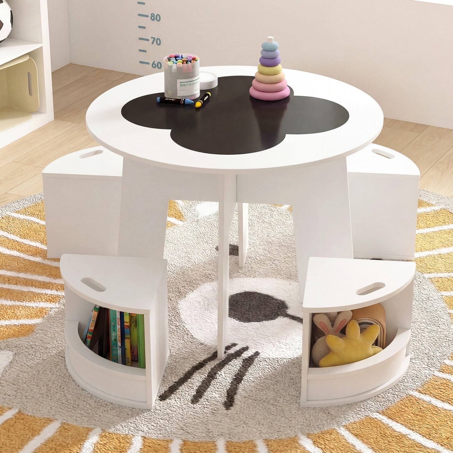Kids Table and Chair Set with 4 Storage Stools - White
