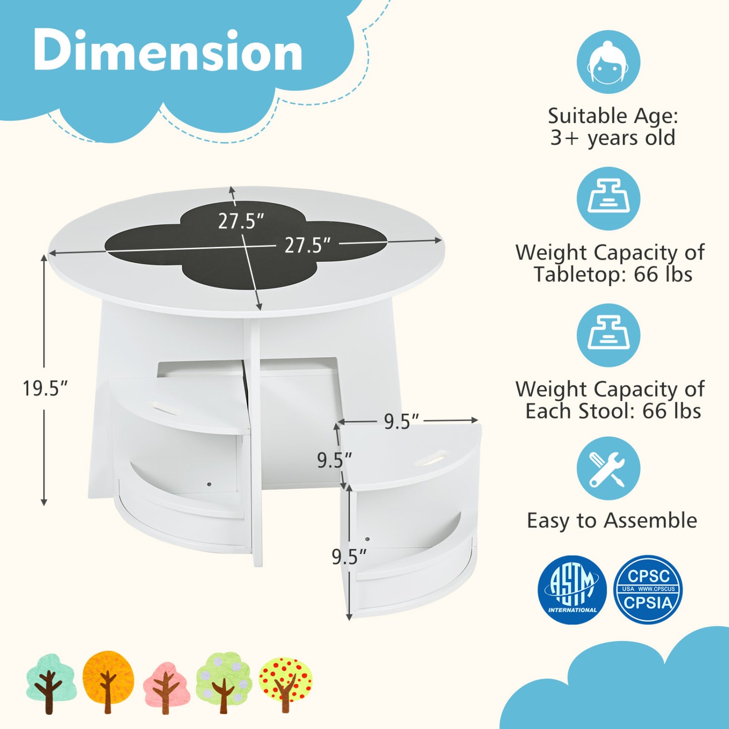 Kids Table and Chair Set with 4 Storage Stools - White