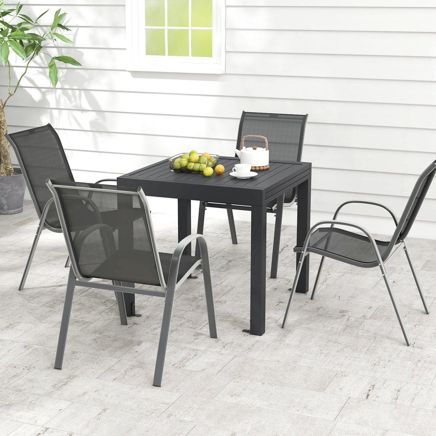 Extendable Patio Dining Set with 4 Stackable Chairs