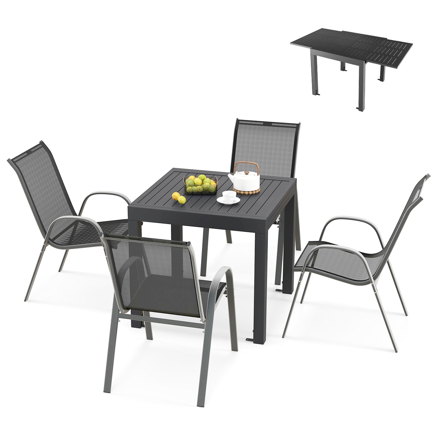 Extendable Patio Dining Set with 4 Stackable Chairs