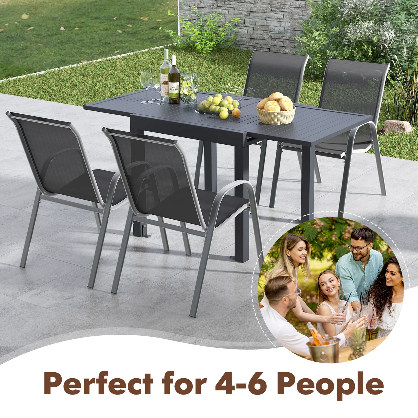Extendable Patio Dining Set with 4 Stackable Chairs