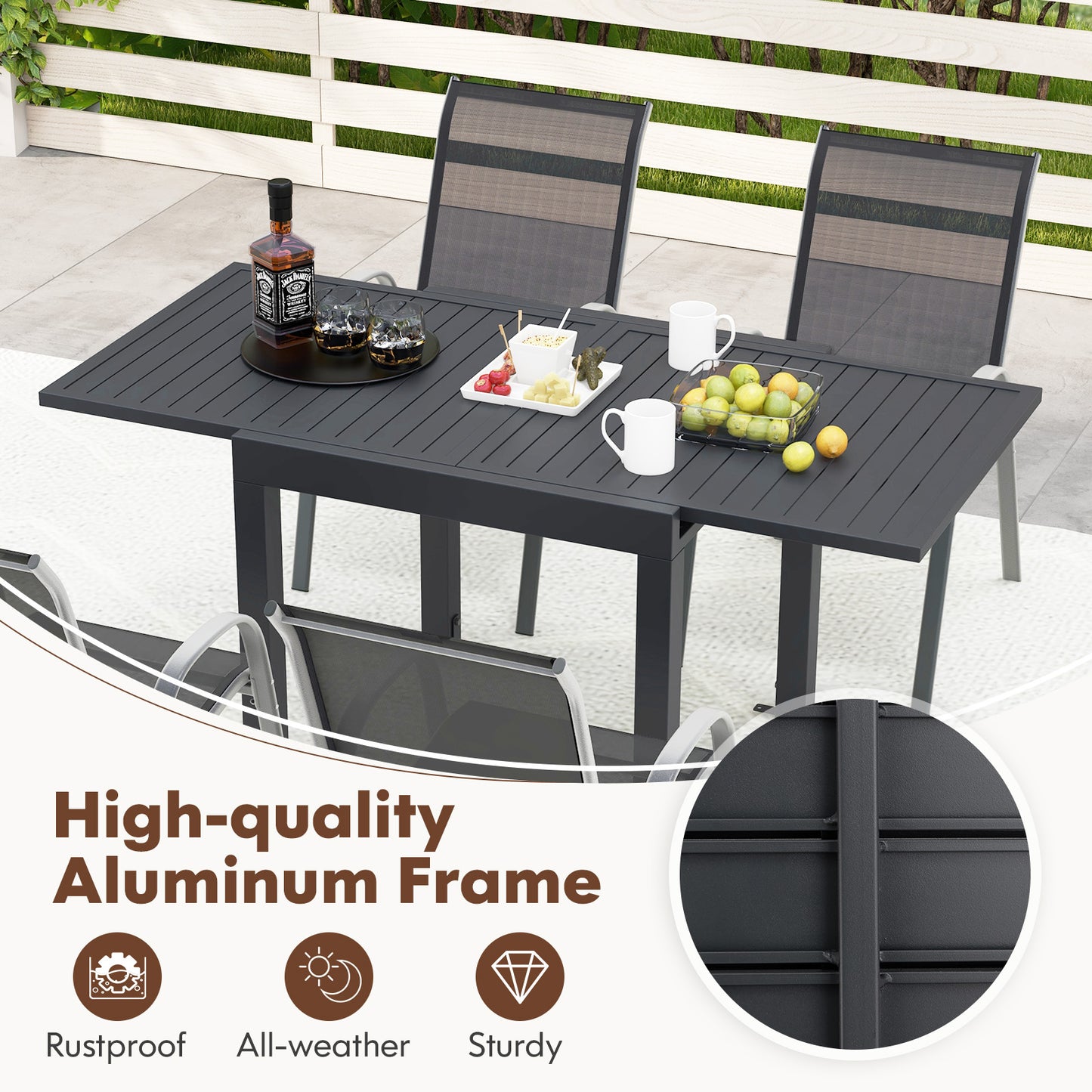 Extendable Patio Dining Set with 4 Stackable Chairs