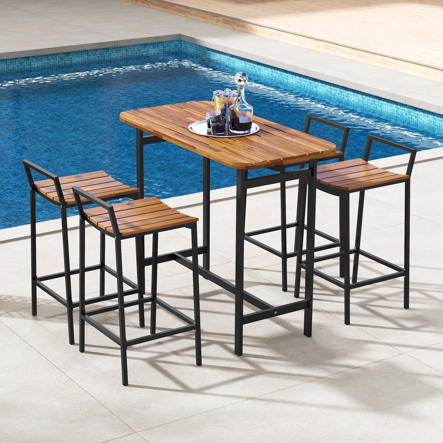 5-Piece Acacia Wood Bar Table Set with Metal Frame