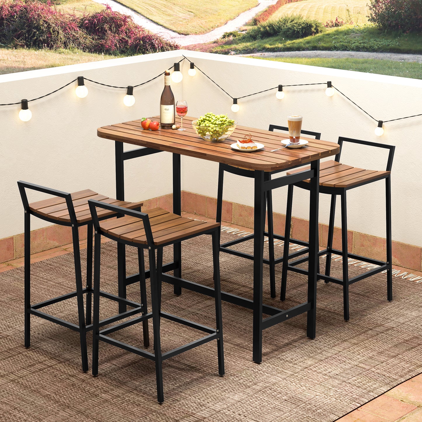 5-Piece Acacia Wood Bar Table Set with Metal Frame