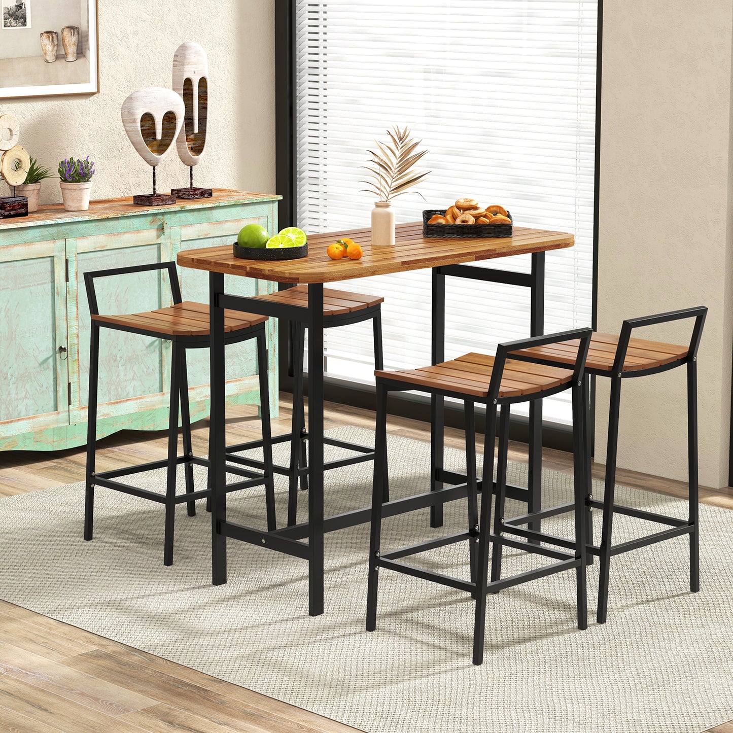 5-Piece Acacia Wood Bar Table Set with Metal Frame