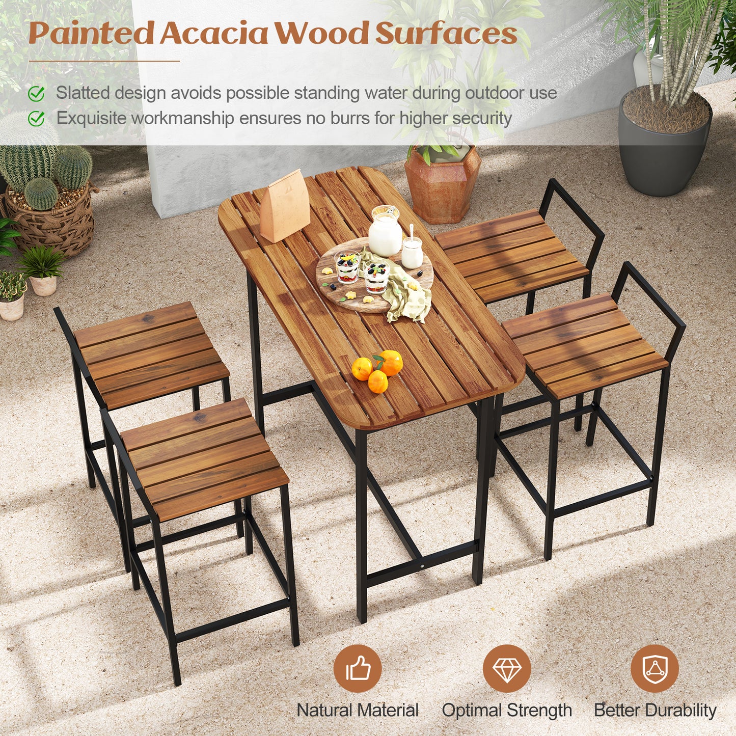 5-Piece Acacia Wood Bar Table Set with Metal Frame