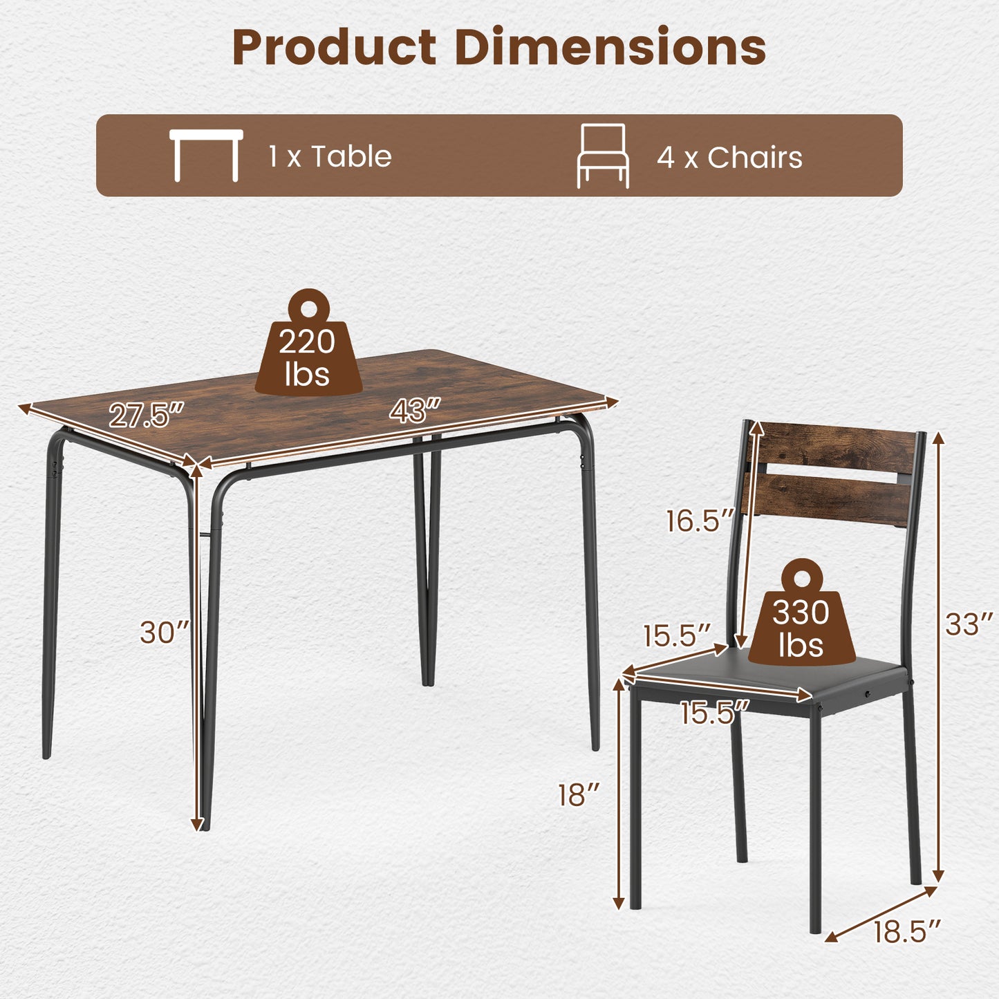5-Piece Dining Table Set with 4 Chairs Industrial Style