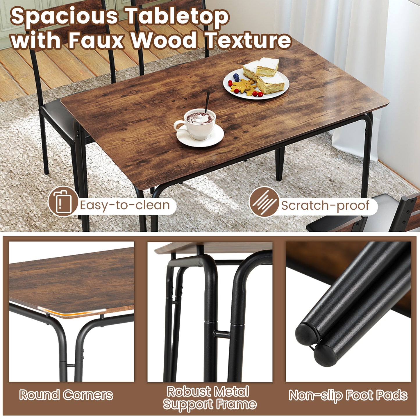 5-Piece Dining Table Set with 4 Chairs Industrial Style