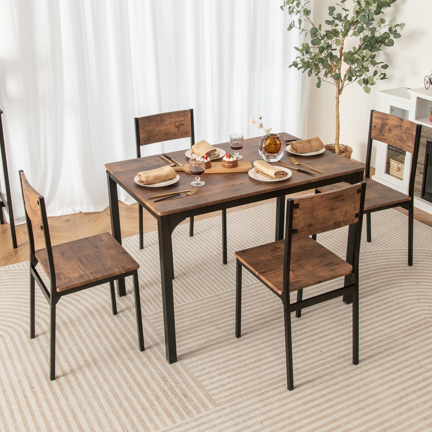 5-Piece Dining Table Set with 4 Chairs - Industrial Style