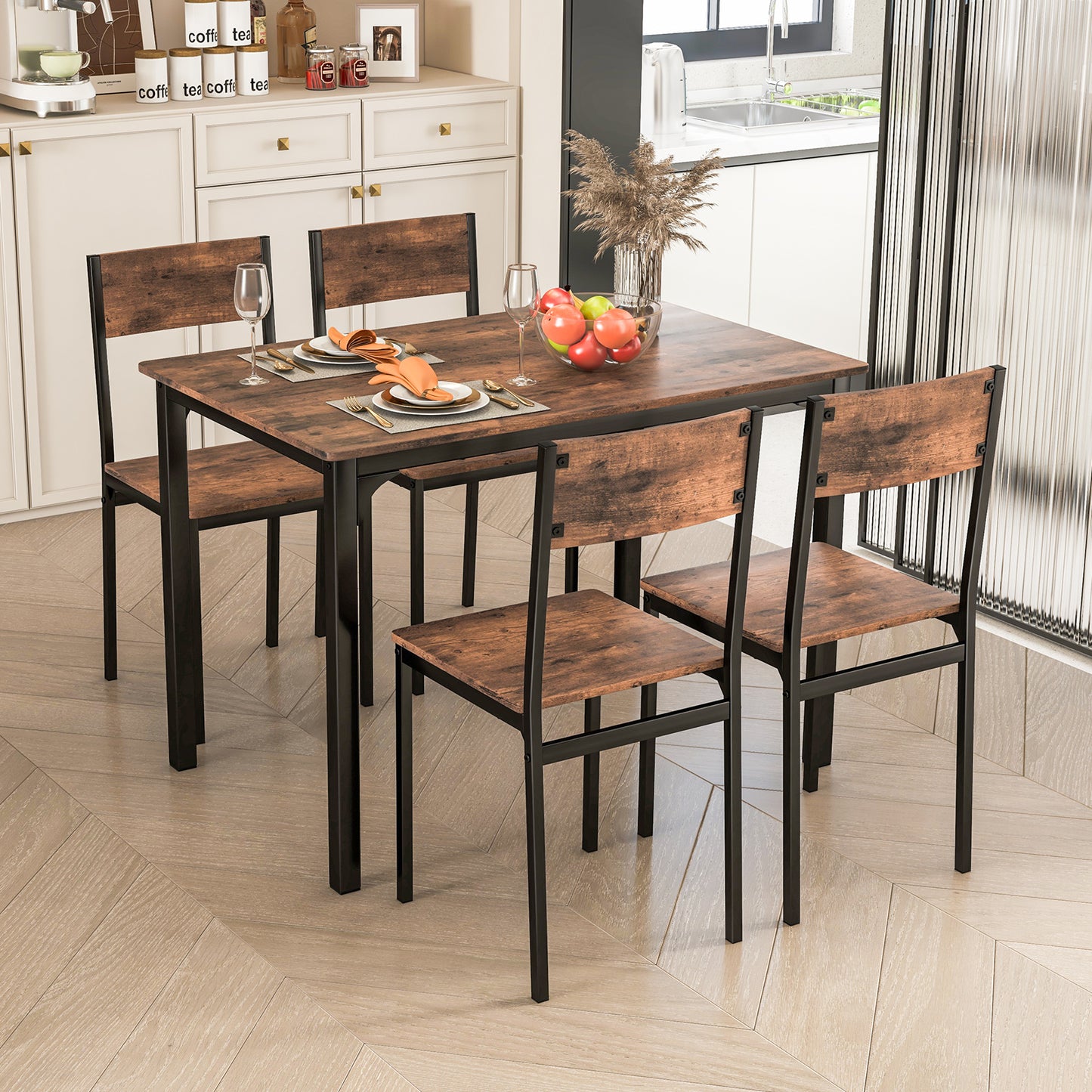 5-Piece Dining Table Set with 4 Chairs - Industrial Style