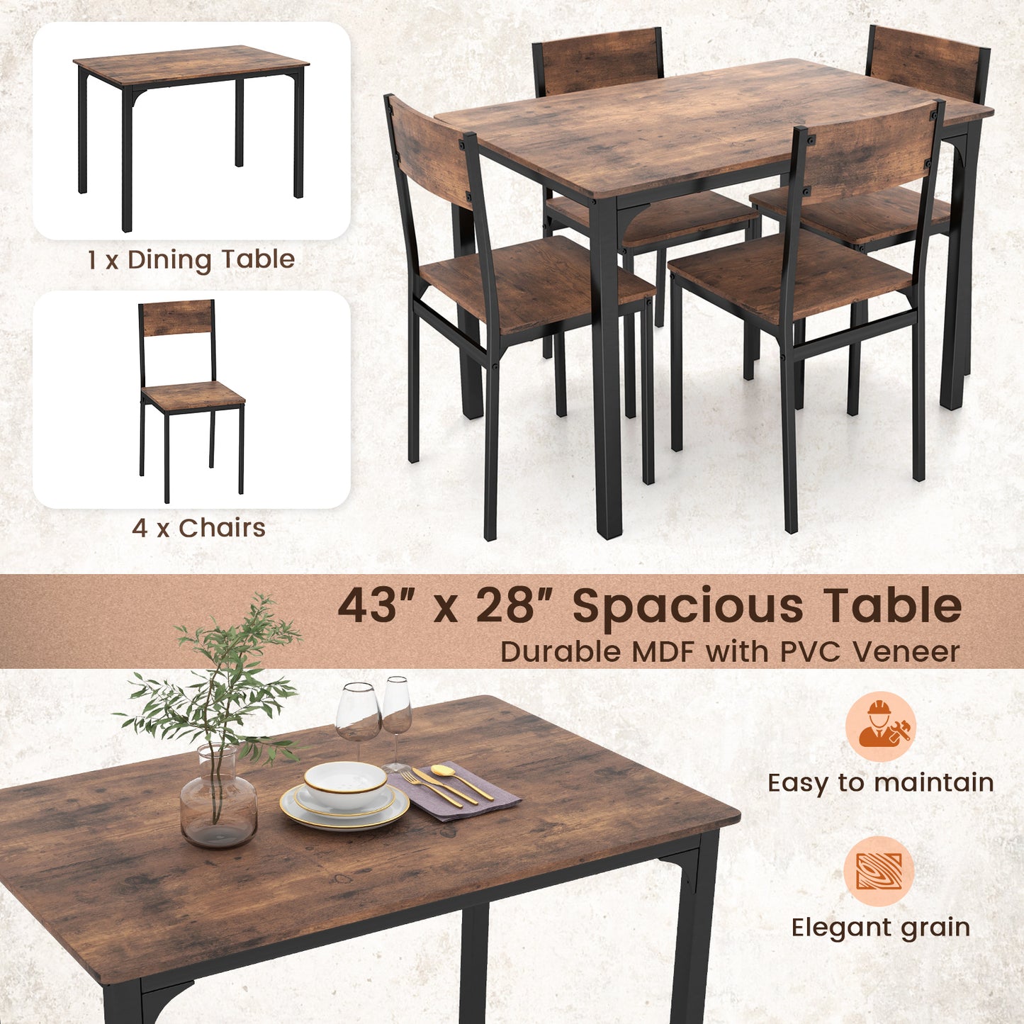 5-Piece Dining Table Set with 4 Chairs - Industrial Style