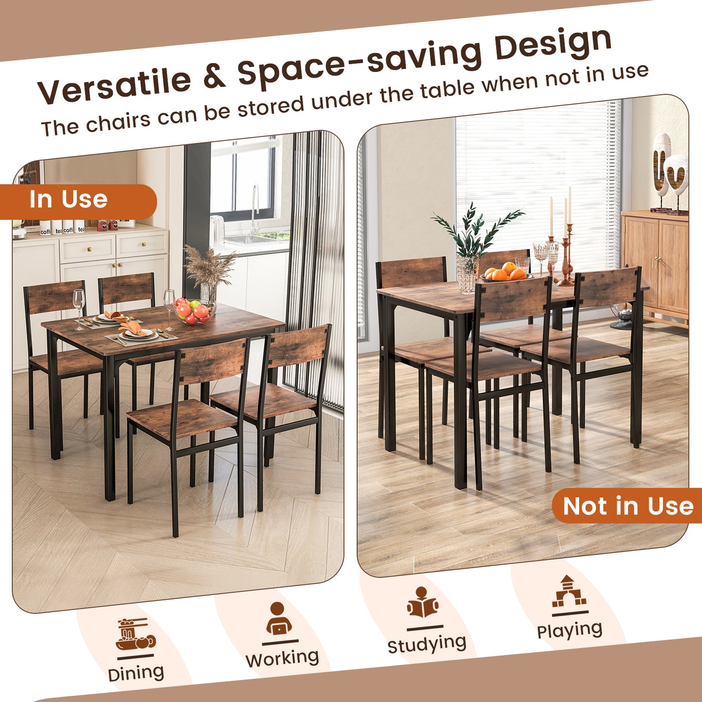 5-Piece Dining Table Set with 4 Chairs - Industrial Style