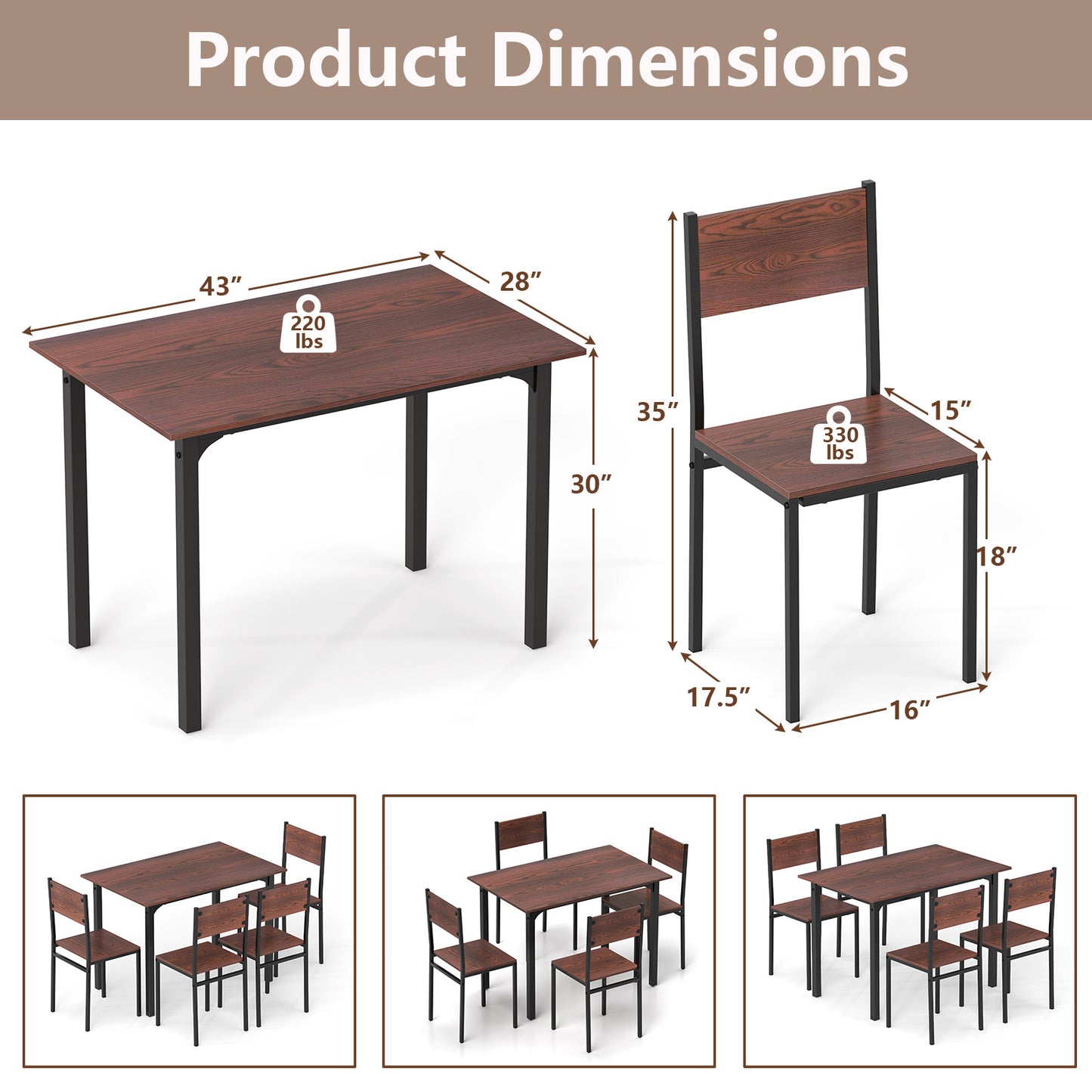 5-Piece Dining Table Set with 4 Chairs - Industrial Style