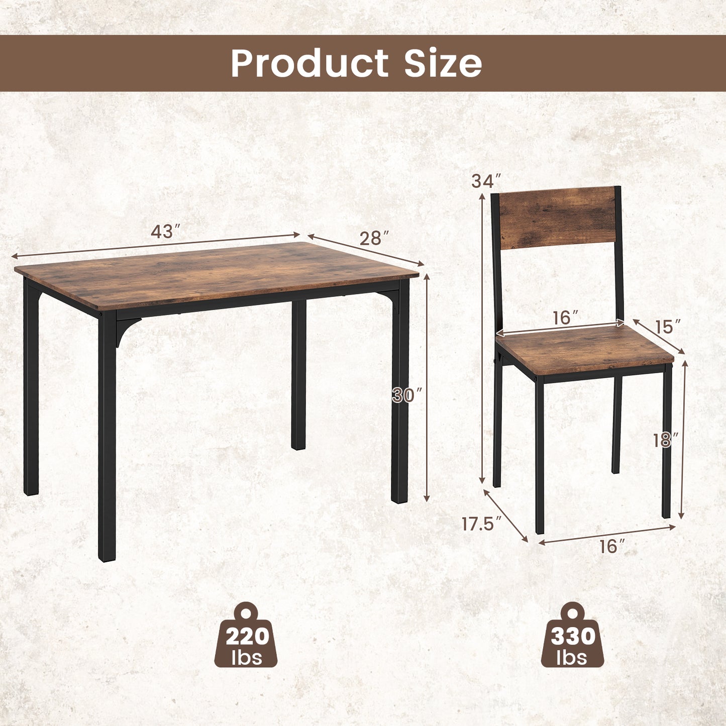 5-Piece Dining Table Set with 4 Chairs - Industrial Style