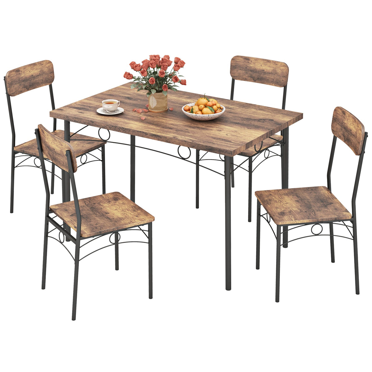 5-Piece Industrial Dining Table Set for 4 for Small Place Apartment-Brown