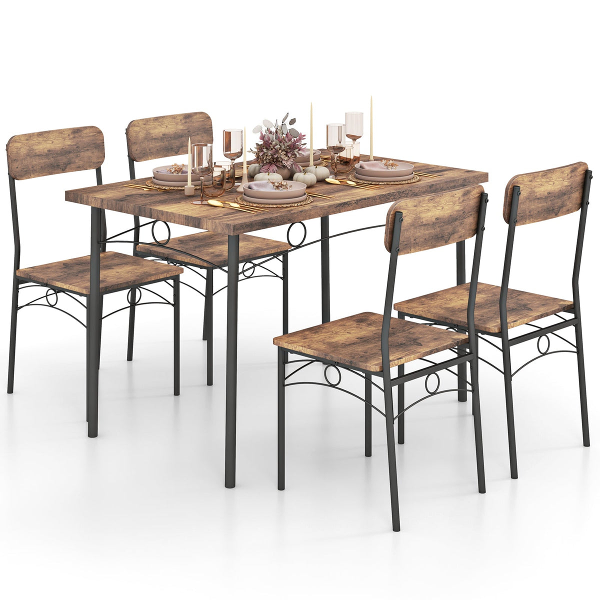 5-Piece Industrial Dining Table Set for 4 for Small Place Apartment-Brown