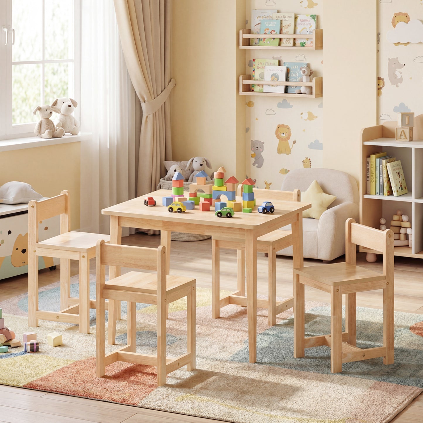 Kids Table and Chair Set - 5 Piece Solid Rubber Wood
