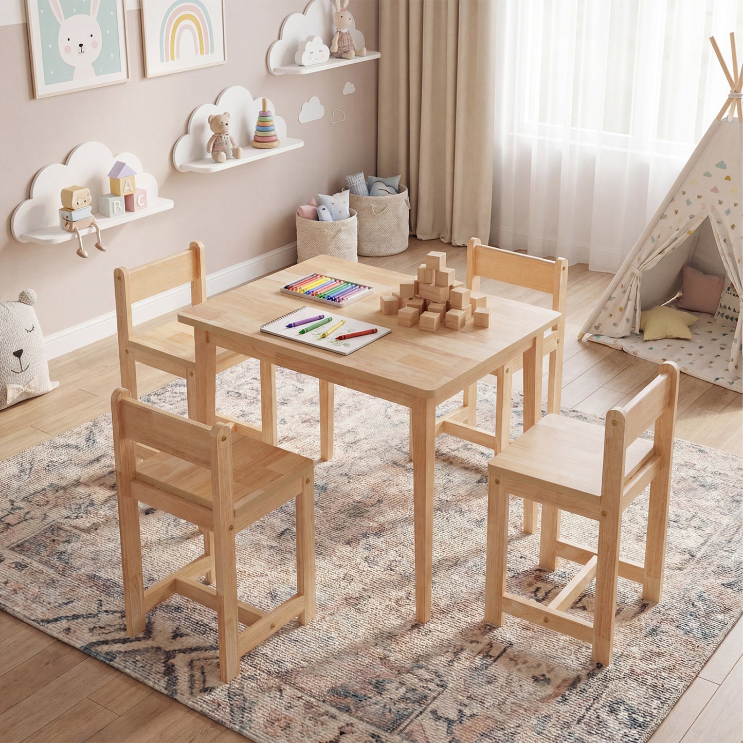 Kids Table and Chair Set - 5 Piece Solid Rubber Wood