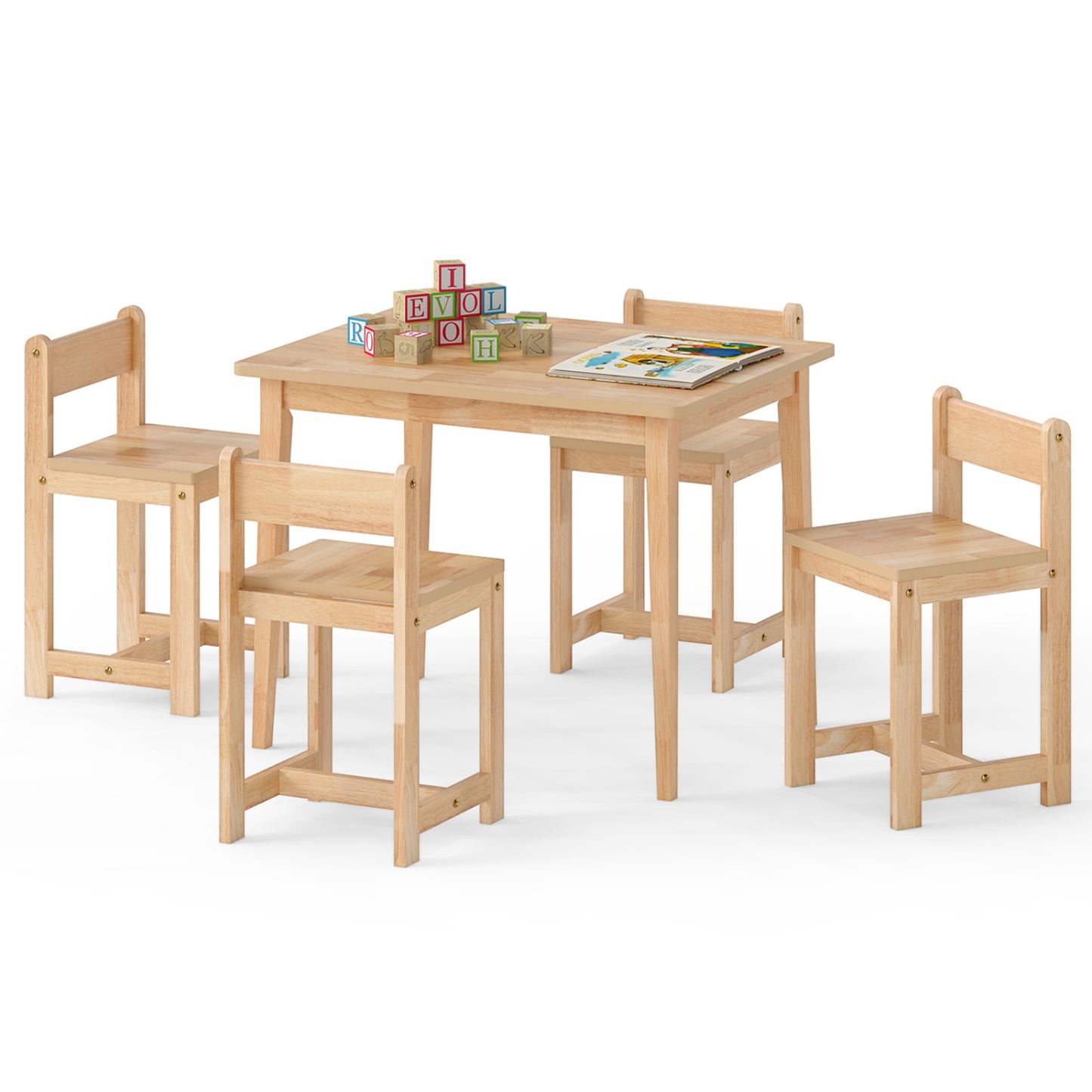 Kids Table and Chair Set - 5 Piece Solid Rubber Wood